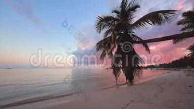 美丽的日出在加勒比海岛的异国海滩上。 蓝天下的热带海波..